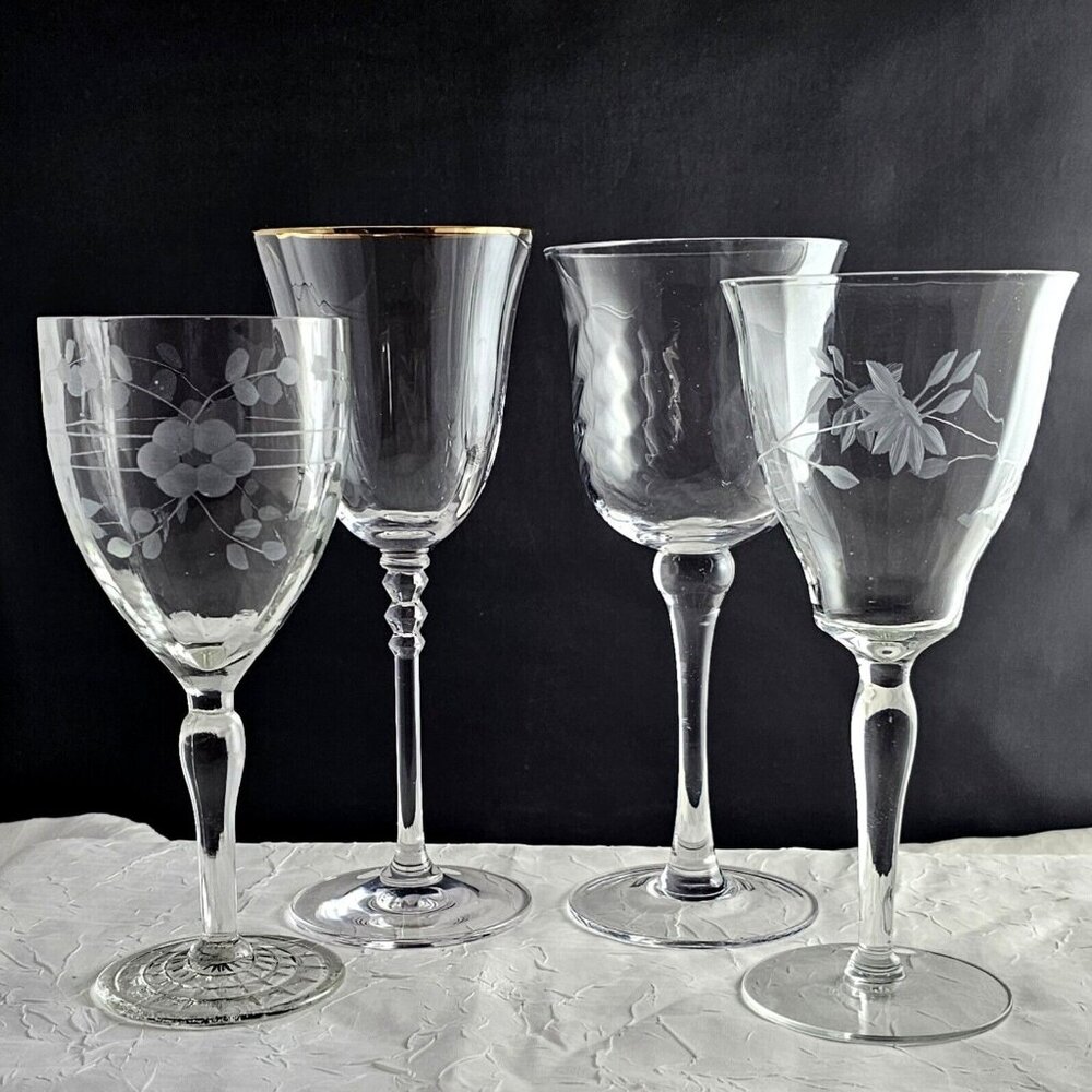 4 Mismatched Clear Wine Glasses assorted glassware vintage mixed glass goblets